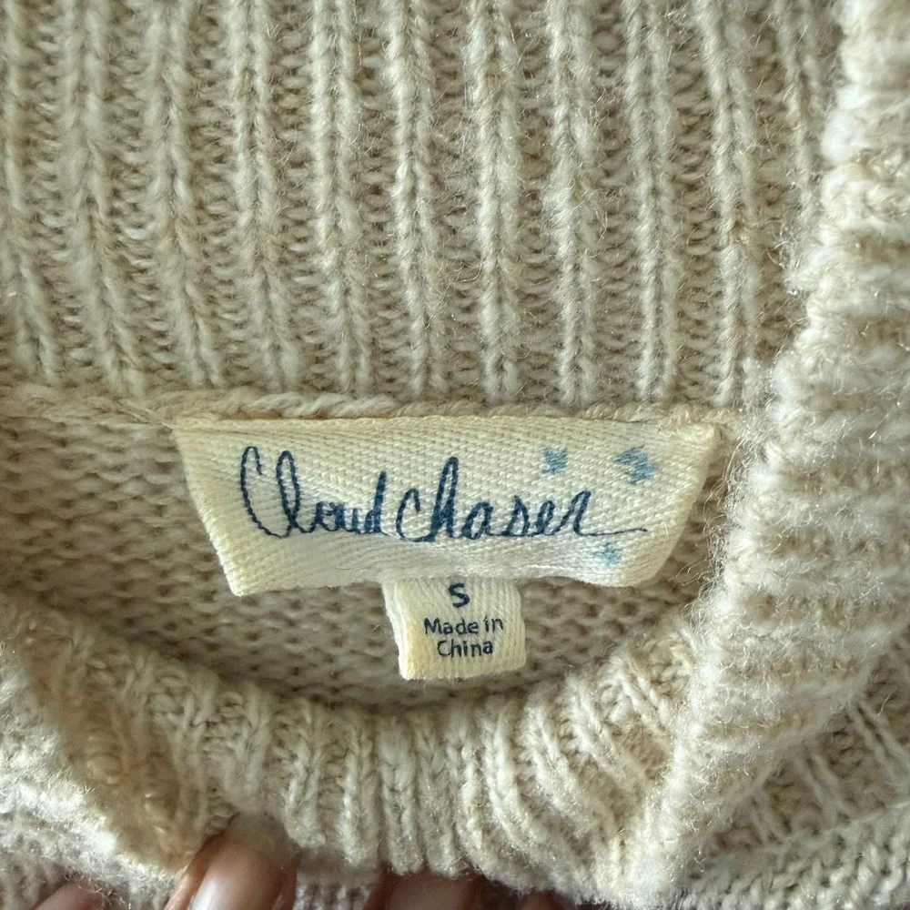 Cloudchaser Women Cream Beige Embroidered Floral Butterfly Mock Neck Sweater S